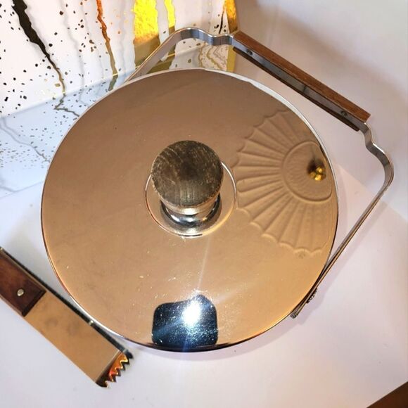 Vintage Mint 1960's Atapco Chrome Teakwood Handle/Top Ice Bucket w/Tongs USA  - Picture 4 of 5